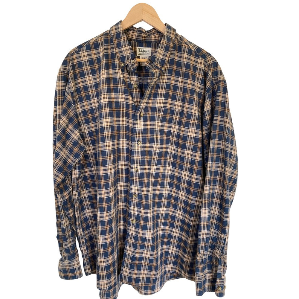 LL Bean Mens‎ XL Plaid Flannel Shirt Navy Blue Tan Cotton Button Down 253770